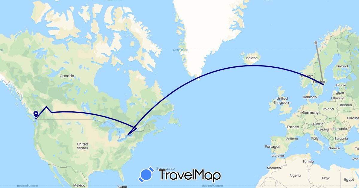 TravelMap itinerary: driving, plane in Canada, Norway, Sweden (Europe, North America)